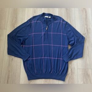 DONALD ROSS Navy Blue Sweater with Pink Grid Pattern. 80% COTTON 20% WOOL.